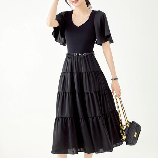 法式别致，气质休闲V领荷叶袖针织拼接收腰遮肉显瘦连衣裙WLZD-2305108 商品图0