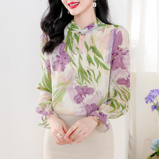 复古印花雪纺衬衫，设计感小众泡泡袖衬衫KQL-413H6576 商品图3