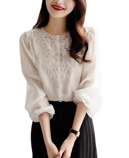 TGG法式优雅风 定位刺绣 气质圆领长袖衬衫灯笼袖小上衣衬衫女春秋 商品图4