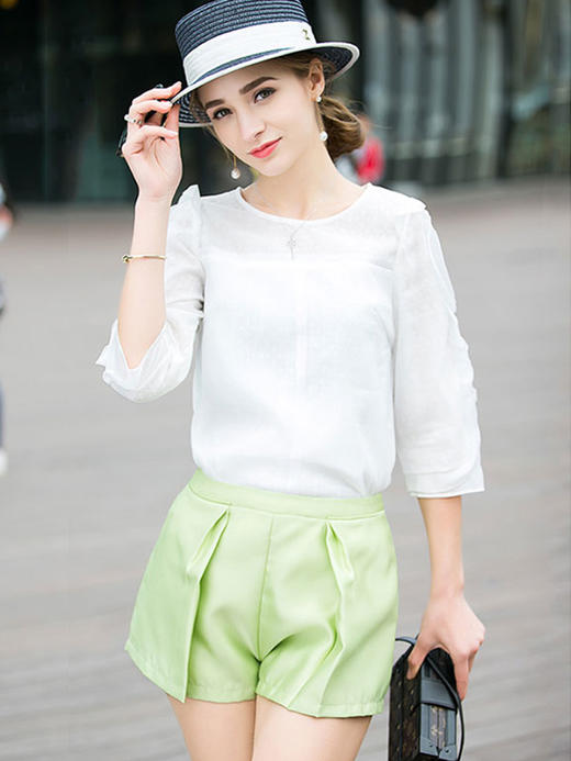 OLrain法式高级穿搭绿色休闲裤女夏季2022年新款高腰显瘦a字短裤 商品图2