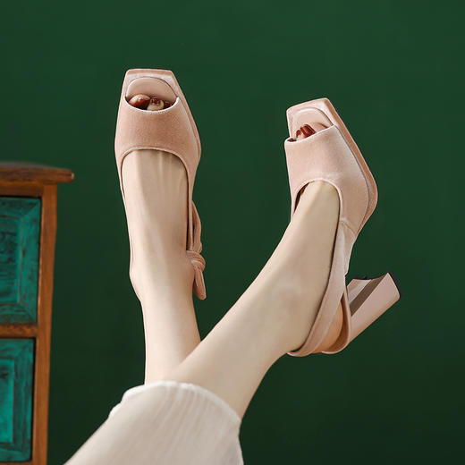 时尚休闲，春夏优雅平头鱼嘴高跟粗跟丝绒凉鞋DZM-2367 商品图3