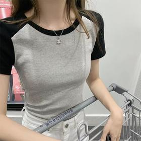 【显瘦显高辣妹美式复古】2023夏季新款辣妹美式纯欲上衣女拼色短袖撞色螺纹短袖打底衫