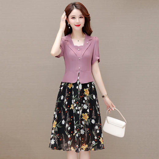 拼结假两件连衣裙，中长款印花裙A字裙QYM-JBY23A18-Y 商品图0