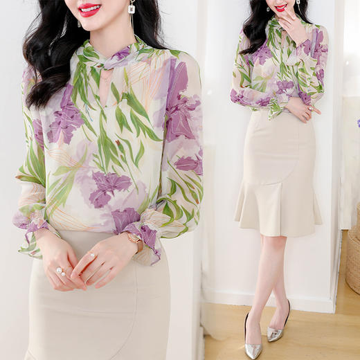 复古印花雪纺衬衫，设计感小众泡泡袖衬衫KQL-413H6576 商品图2