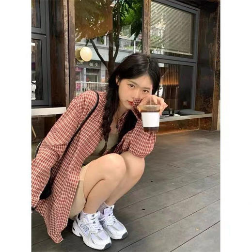 【美式复古格子衬衫】女长袖2023春季薄款宽松休闲开衫外套上衣衬衣潮 商品图3