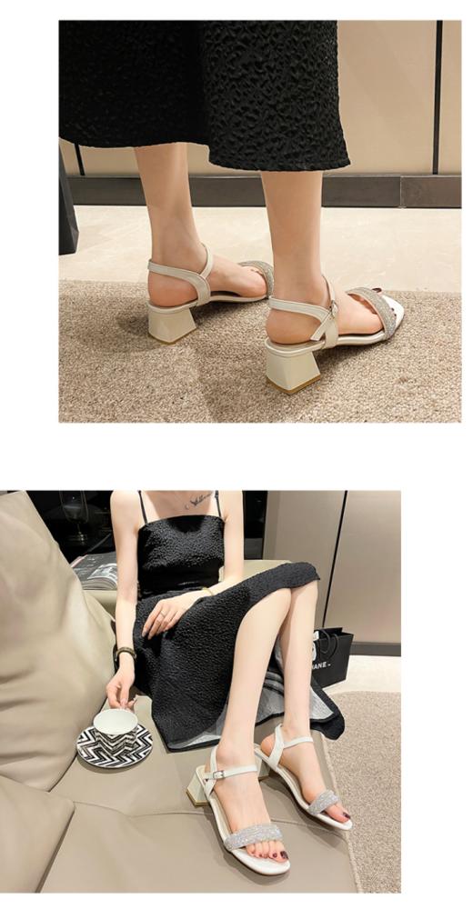 气质一字带水钻露趾高跟凉鞋！！今天安利给大家这款粗跟凉鞋~不容易挤脚、压脚，镂空款更清爽！！ 商品图5
