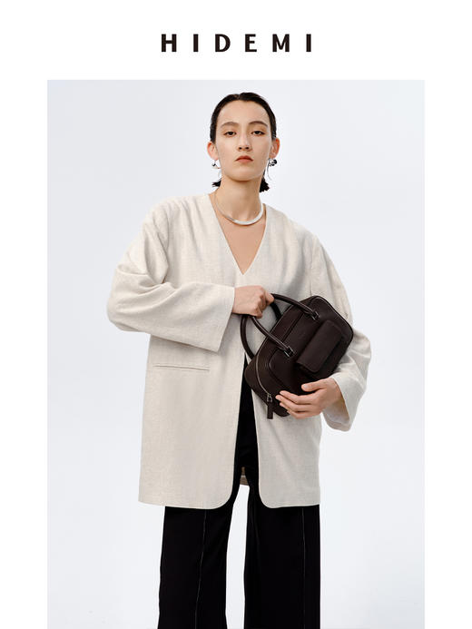 HIDEMI 水洗亚麻自然原色V领西装极简口袋开衩设计感西装式上衣 商品图9