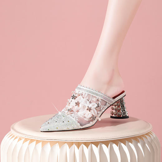 夏季新款，花朵网纱拼接尖头粗跟凉拖YSML-A079-128 商品图4