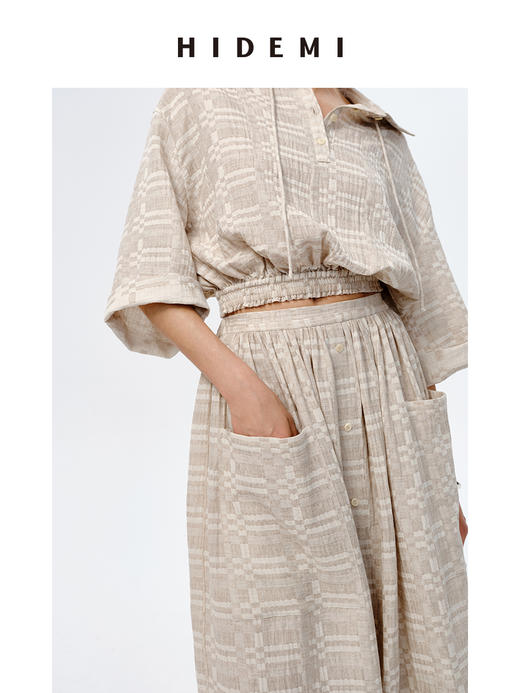 HIDEMI 格纹浮雕色织艺术亚麻套装 衬衫/口袋半裙 商品图10