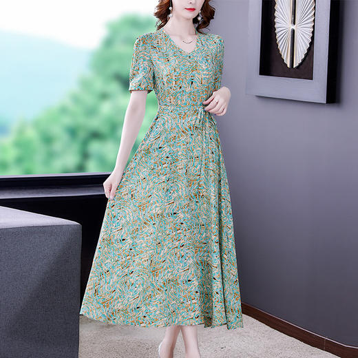 时尚女神范V领收腰显瘦大摆印花雪纺连衣裙AHM-mmjp8267 商品图1