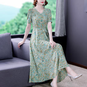 时尚女神范V领收腰显瘦大摆印花雪纺连衣裙AHM-mmjp8267