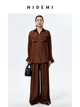 HIDEMI口袋工装感极简大廓形慵懒醋酸套装 衬衫/长裤 巧克力色/香草燕麦