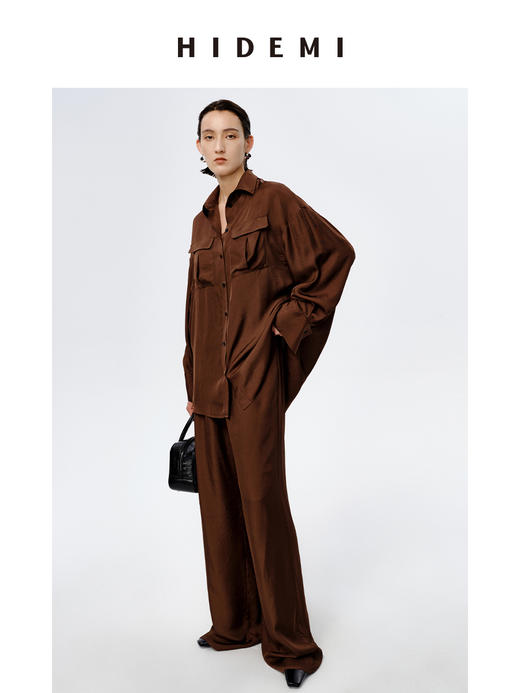 HIDEMI口袋工装感极简大廓形慵懒醋酸套装 衬衫/长裤 巧克力色/香草燕麦 商品图5