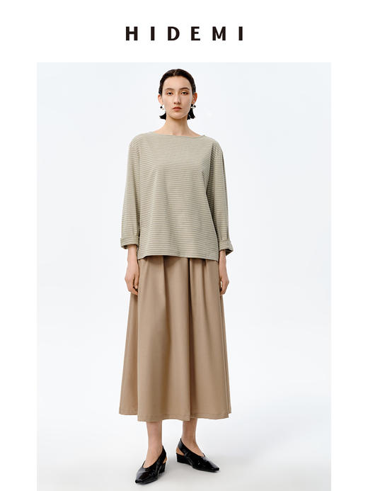 HIDEMI 海军条纹一字领长袖T恤 抹茶绿底/白底 商品图1