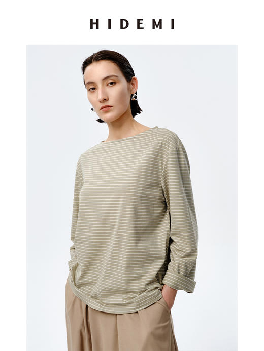 HIDEMI 海军条纹一字领长袖T恤 抹茶绿底/白底 商品图7