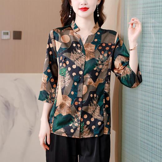 DD-重磅真丝衬衫女装2023夏季新款妈妈装时尚印花复古遮肉显瘦上衣 商品图2