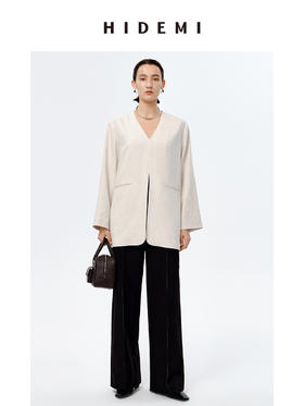 HIDEMI 水洗亚麻自然原色V领西装极简口袋开衩设计感西装式上衣