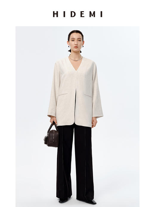 HIDEMI 水洗亚麻自然原色V领西装极简口袋开衩设计感西装式上衣 商品图0