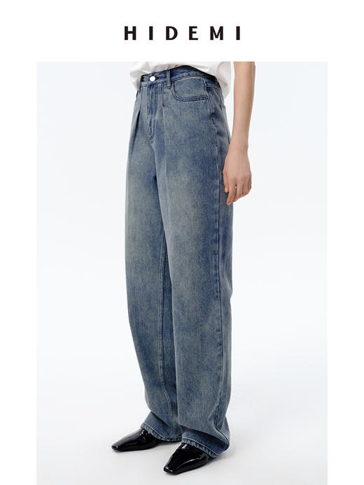 HIDEMI 可再生丹宁环保系列水洗双褶做旧阔腿牛仔裤 商品图3