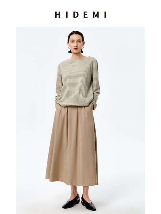 HIDEMI 海军条纹一字领长袖T恤 抹茶绿底/白底 商品图2