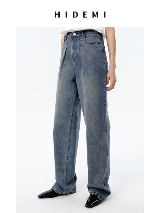 HIDEMI 可再生丹宁环保系列水洗双褶做旧阔腿牛仔裤 商品图4