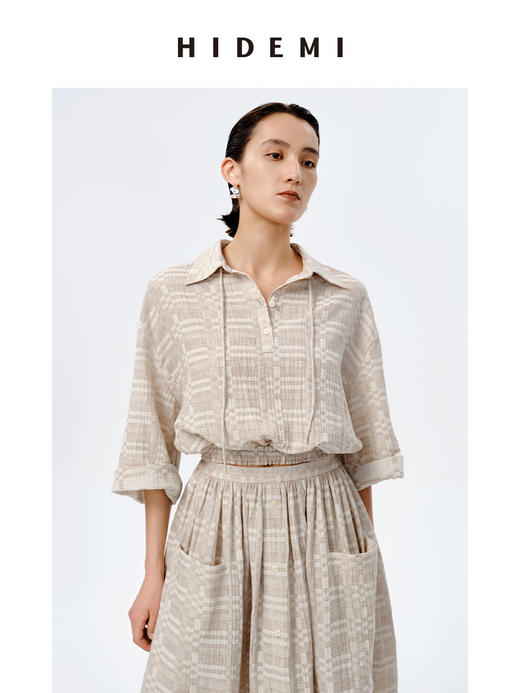 HIDEMI 格纹浮雕色织艺术亚麻套装 衬衫/口袋半裙 商品图7