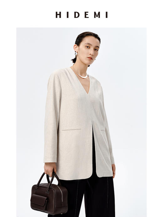 HIDEMI 水洗亚麻自然原色V领西装极简口袋开衩设计感西装式上衣 商品图10