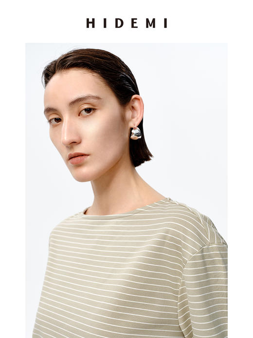 HIDEMI 海军条纹一字领长袖T恤 抹茶绿底/白底 商品图6