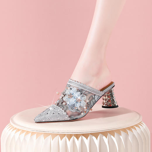 夏季新款，花朵网纱拼接尖头粗跟凉拖YSML-A079-128 商品图2