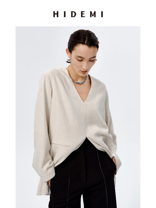 HIDEMI 水洗亚麻自然原色V领西装极简口袋开衩设计感西装式上衣 商品图7