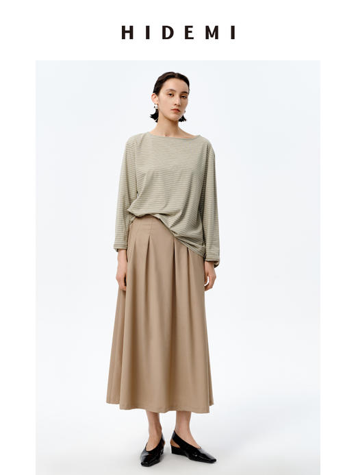 HIDEMI 海军条纹一字领长袖T恤 抹茶绿底/白底 商品图4