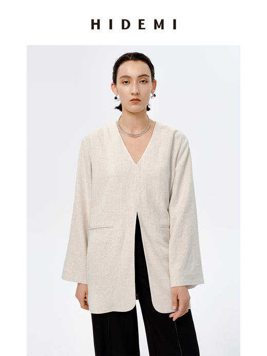 HIDEMI 水洗亚麻自然原色V领西装极简口袋开衩设计感西装式上衣 商品图5