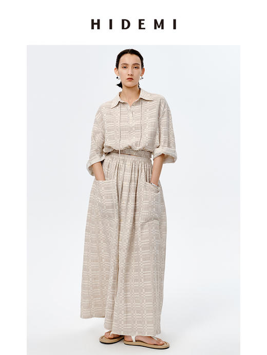 HIDEMI 格纹浮雕色织艺术亚麻套装 衬衫/口袋半裙 商品图0
