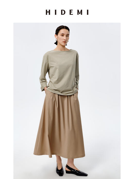 HIDEMI 海军条纹一字领长袖T恤 抹茶绿底/白底 商品图3