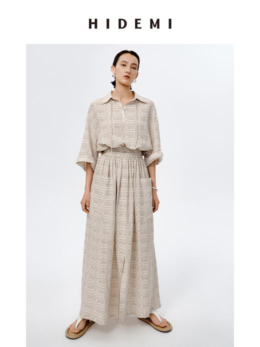 HIDEMI 格纹浮雕色织艺术亚麻套装 衬衫/口袋半裙 商品图3