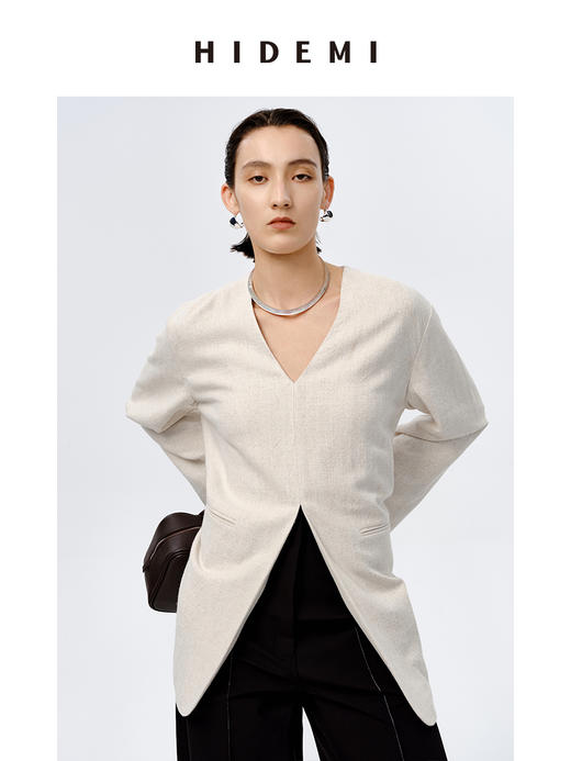 HIDEMI 水洗亚麻自然原色V领西装极简口袋开衩设计感西装式上衣 商品图8