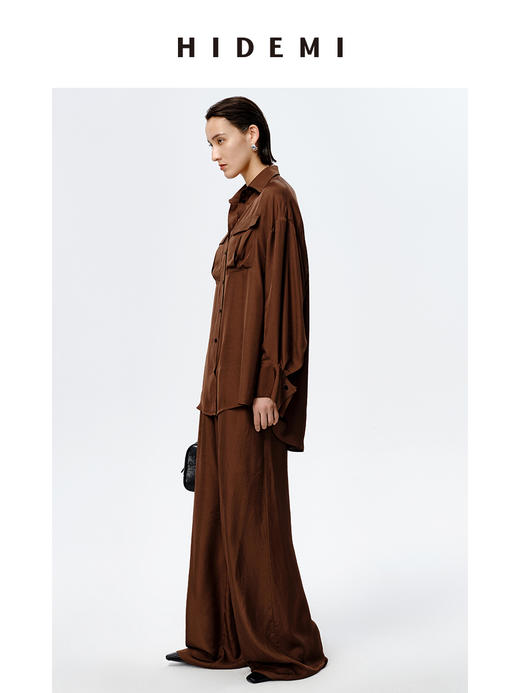 HIDEMI口袋工装感极简大廓形慵懒醋酸套装 衬衫/长裤 巧克力色/香草燕麦 商品图10