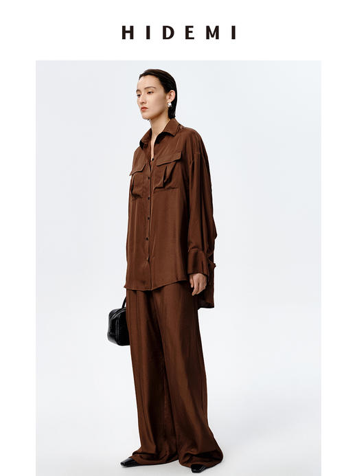 HIDEMI口袋工装感极简大廓形慵懒醋酸套装 衬衫/长裤 巧克力色/香草燕麦 商品图6