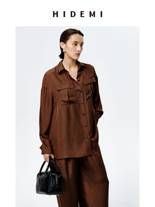 HIDEMI口袋工装感极简大廓形慵懒醋酸套装 衬衫/长裤 巧克力色/香草燕麦 商品图4