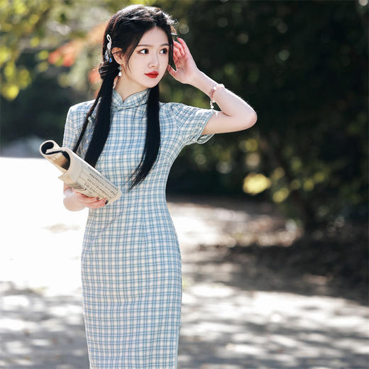 年轻款民国，棉麻格子短款旗袍SJT-346 商品图3