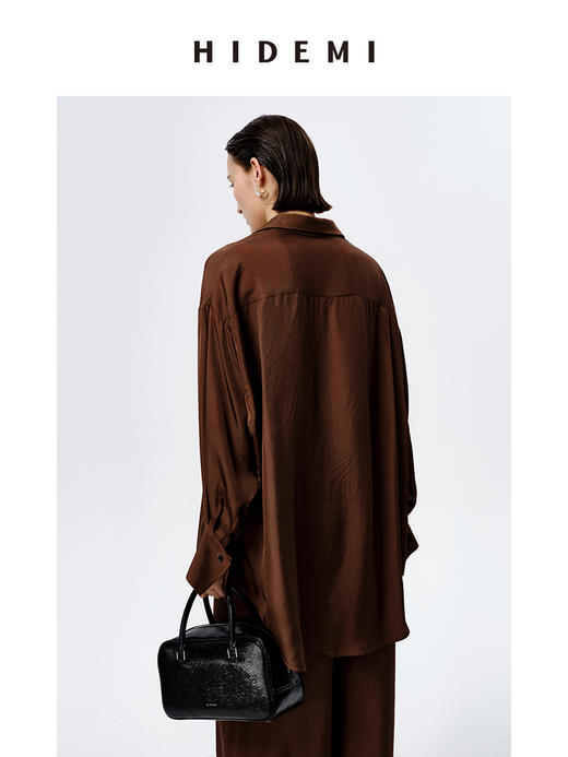 HIDEMI口袋工装感极简大廓形慵懒醋酸套装 衬衫/长裤 巧克力色/香草燕麦 商品图8