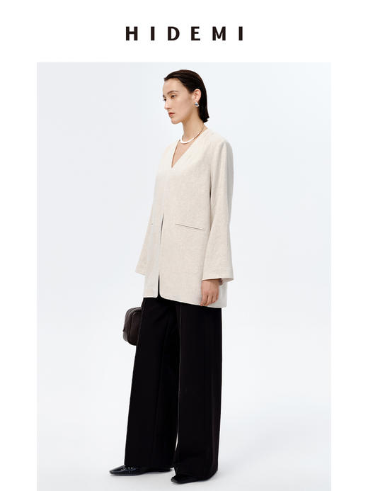 HIDEMI 水洗亚麻自然原色V领西装极简口袋开衩设计感西装式上衣 商品图3