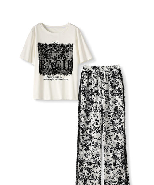 运动休闲，通勤蕾丝拼接短袖+黑白印花缎面休闲裤两件套WLZD-2305209 商品图4