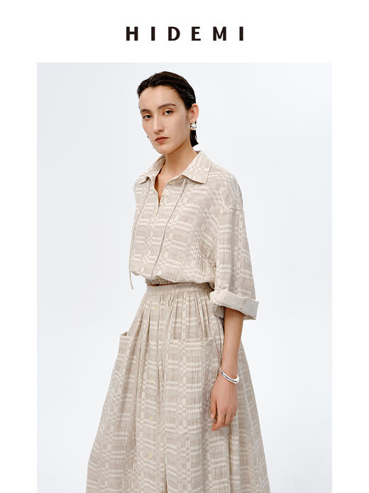 HIDEMI 格纹浮雕色织艺术亚麻套装 衬衫/口袋半裙 商品图9