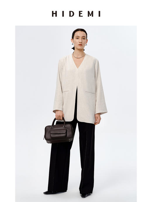 HIDEMI 水洗亚麻自然原色V领西装极简口袋开衩设计感西装式上衣 商品图2