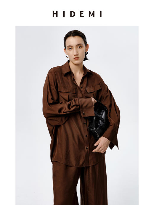 HIDEMI口袋工装感极简大廓形慵懒醋酸套装 衬衫/长裤 巧克力色/香草燕麦 商品图3