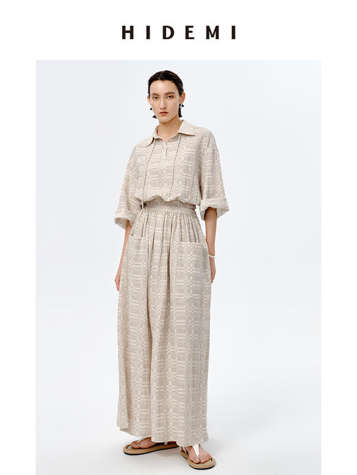 HIDEMI 格纹浮雕色织艺术亚麻套装 衬衫/口袋半裙 商品图2