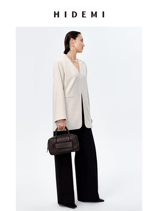 HIDEMI 水洗亚麻自然原色V领西装极简口袋开衩设计感西装式上衣 商品图4