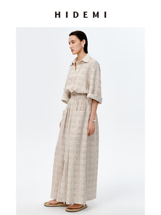 HIDEMI 格纹浮雕色织艺术亚麻套装 衬衫/口袋半裙 商品图5