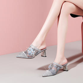 夏季新款，花朵网纱拼接尖头粗跟凉拖YSML-A079-128